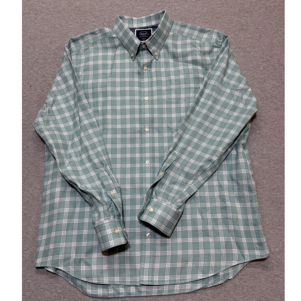 Charles Tyrwhitt Mens XL Classic Fit Non-Iron Plaid Button Down Shirt Sage Green